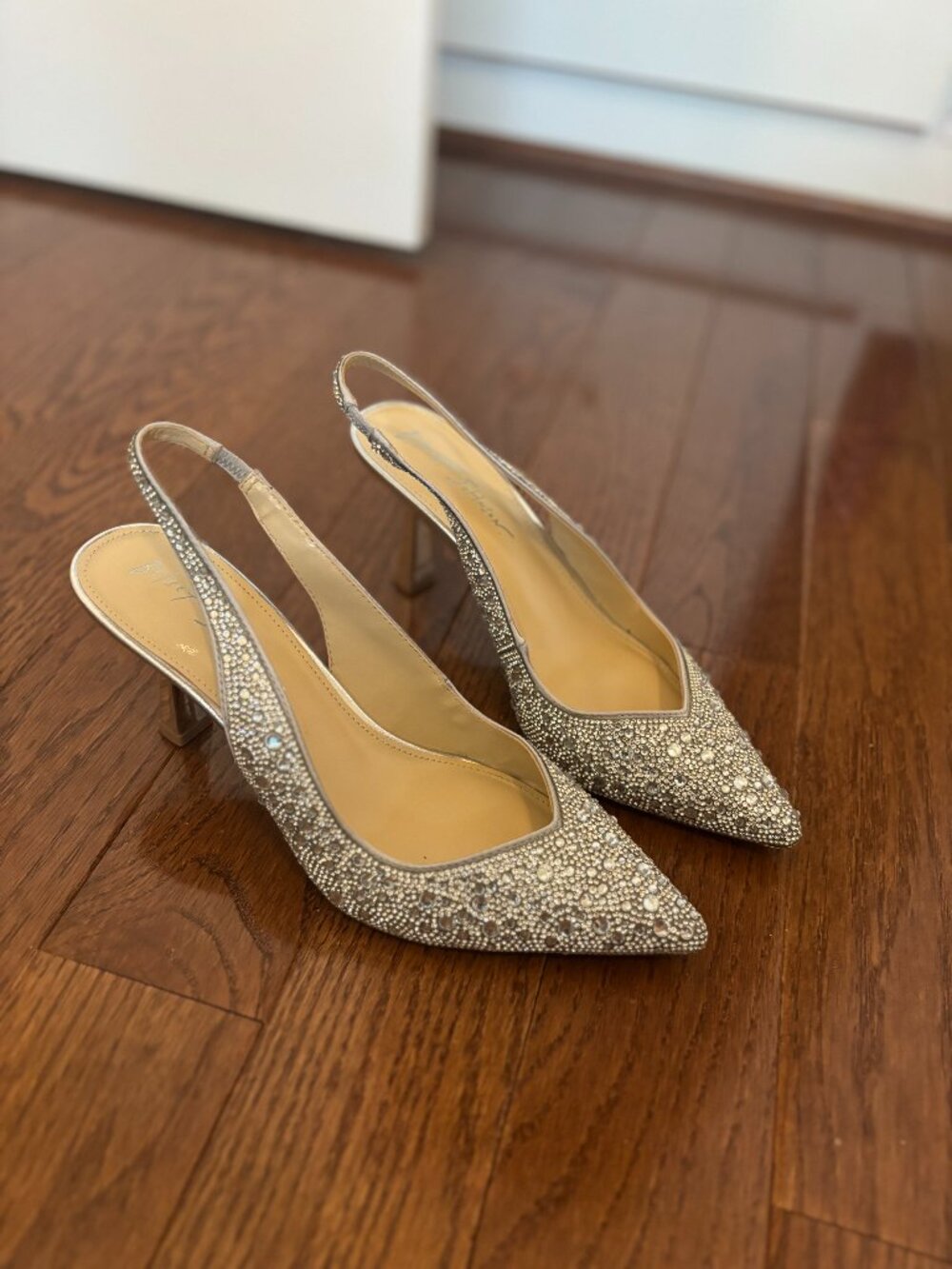Betsey Johnson Silver Rhinestone Slingback Heels, Size 8 - Picture 1 of 7